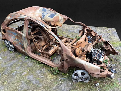 Abandoned Rusted Damaged Car With Exposed Engine Parts And Graffiti On Overgrown Grass 3d model