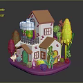 Cute Miniature House With Orange Roof Balcony Green Pink Trees Purple Lawn And White Goose