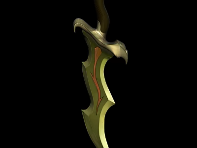 Mythical Elven Curved Blade Weapon With Green Red Accents And Ornate Design 3d model