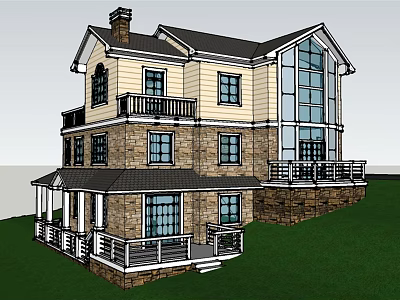 Two Story Detached Villa Stone Beige Exterior Large Glass Windows Balcony Porch Green Lawn 3d model