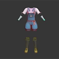 Blue Overalls Shorts Outfit With White T-shirt Striped Sleeves Pink Bow And Blue Socks