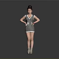 Woman In Sleeveless Gray Dress With White Trim Bun Hairstyle Hands On Hips High Heels