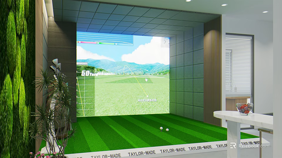 Indoor Golf Simulator with Green Turf TaylorMade Equipment for Sports Fitness Practice 3d model 