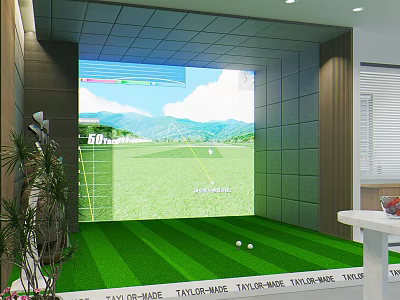 Indoor Golf Simulator with Green Turf TaylorMade Equipment for Sports Fitness Practice 3d model