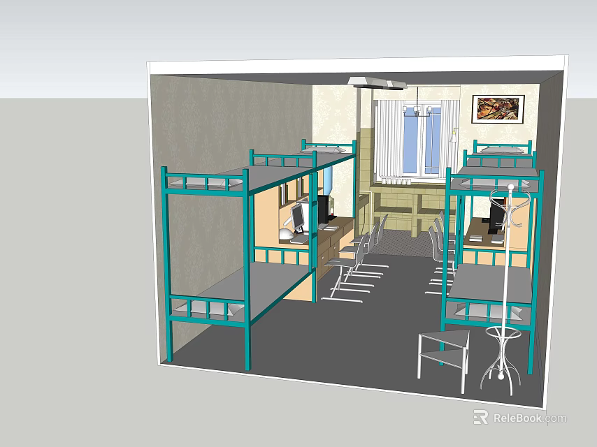 Bunk Beds Dormitory Room With Desks Chairs Window And Interior Layout 3d model 