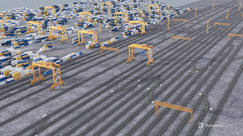 Container Terminal With Gantry Cranes And Rail Tracks For Cargo Logistics 3d model 