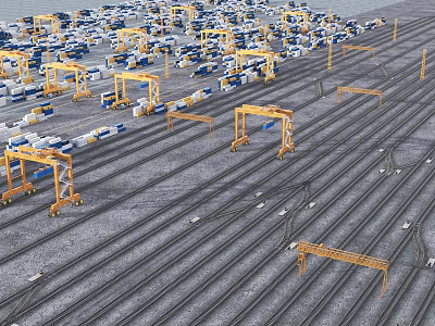 Container Terminal With Gantry Cranes And Rail Tracks For Cargo Logistics 3d model