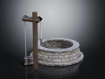 Ancient Stone Well Structure With Wooden Frame Bucket And Stone Brick Ring 3d model