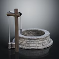 Ancient Stone Well Structure With Wooden Frame Bucket And Stone Brick Ring 3d model