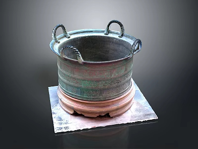 Antique Bronze Daily Necessity Vessel With Loop Handles And Decorative Patterns On Square Base 3d model