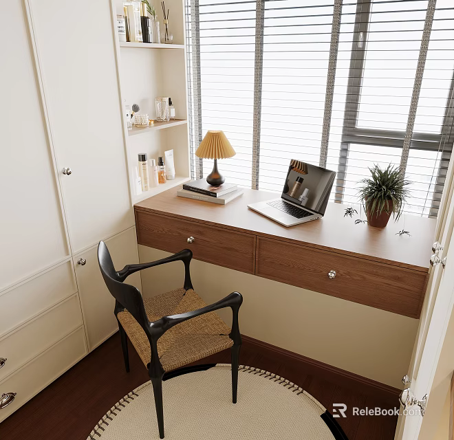 Wooden Desk with Drawers by Window With Laptop Table Lamp Books Potted Plant and Chair 3d model 