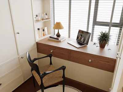 Wooden Desk with Drawers by Window With Laptop Table Lamp Books Potted Plant and Chair 3d model