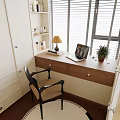 Wooden Desk with Drawers by Window With Laptop Table Lamp Books Potted Plant and Chair