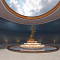 Golden Sculpture in Circular Space with Skylight Blue Sky and Illuminated Water Pool