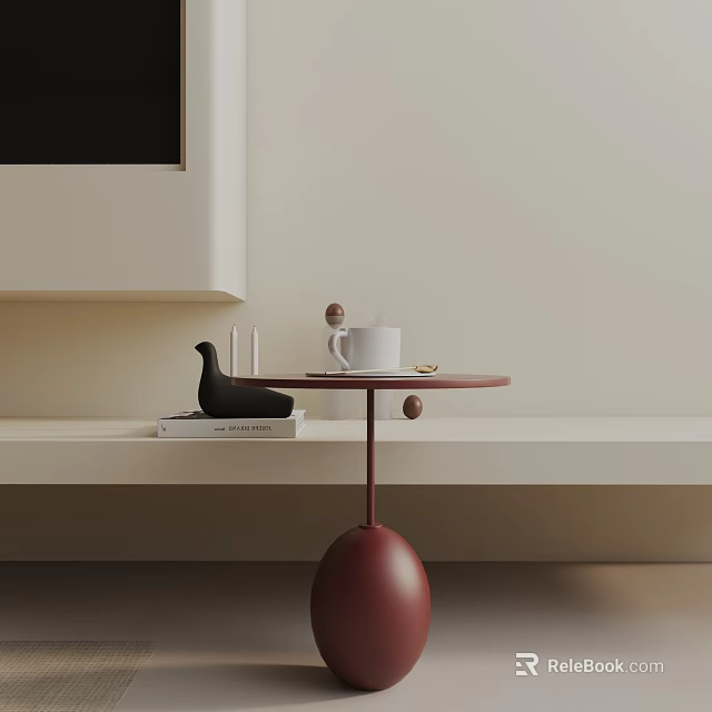 Modern Stylish Red Side Table With Round Top Spherical Base And Decor Items 3d model