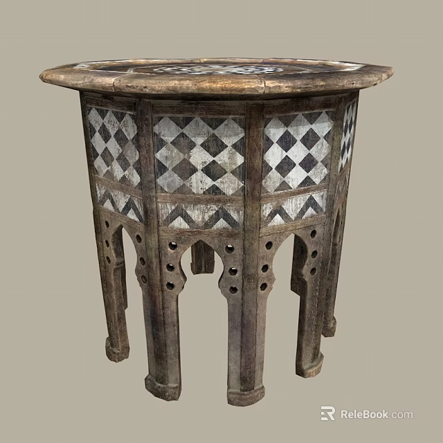 Decorative Vintage Octagonal Wooden Table with Checkerboard Pattern and Carved Legs 3d model 