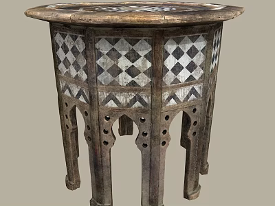 Decorative Vintage Octagonal Wooden Table with Checkerboard Pattern and Carved Legs 3d model