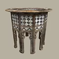 Decorative Vintage Octagonal Wooden Table with Checkerboard Pattern and Carved Legs