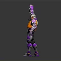 White Haired Character in Purple Orange Armor Holding Purple Black Gun Standing on Round Base