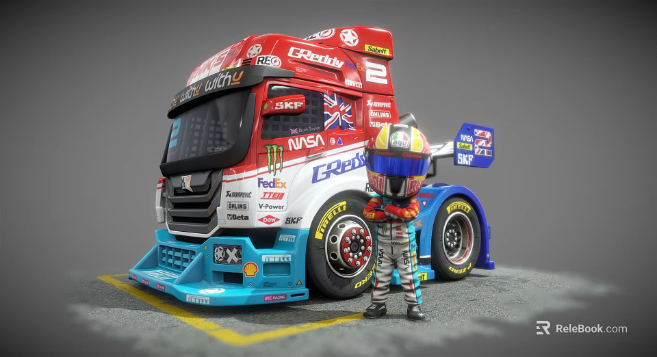 Electric Toy Race Truck With Racing Driver Figure And Multiple Sponsor Logos 3d model 