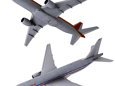 Passenger Airplanes Featuring America Brand Red Yellow Blue Stripes In Flight 3d model