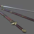 Traditional Antique Swords Featuring Wooden Scabbards Golden Decorations And Silver Blades