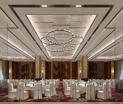 Luxurious Banquet Hall Interior With Circular Chandeliers Wooden Walls And Arranged Tables Chairs 3d model