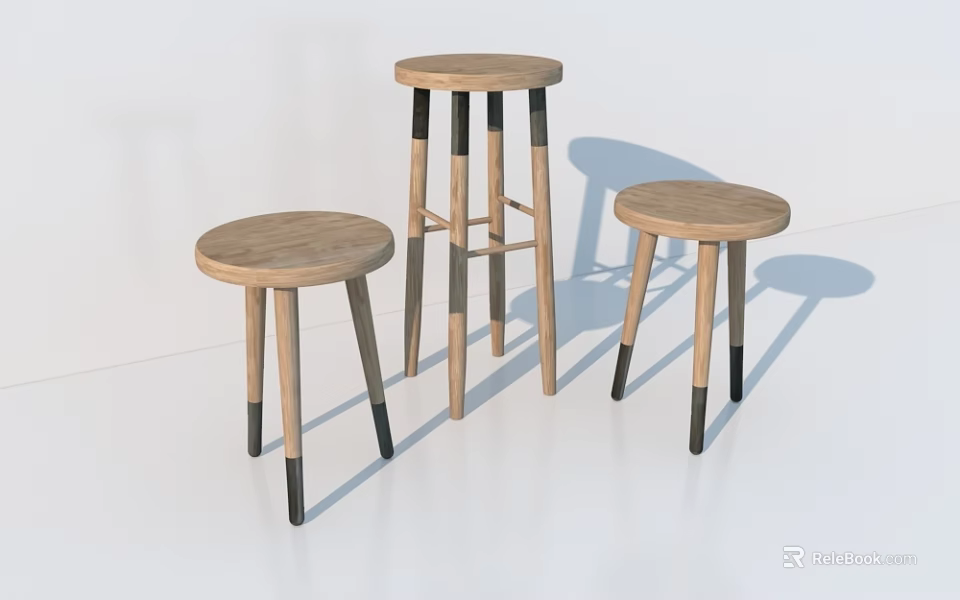 Simple Modern Wooden Stools With Round Seats And Black Light Legs 3d model 