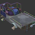 Industrial Machinery Platform With Blue Frame Drum Component And Grated Floor Railing