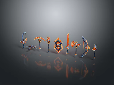 3D Rendered Various Weapons With Blue Orange Colors Reflective Effects And Gray Gradient Background 3d model