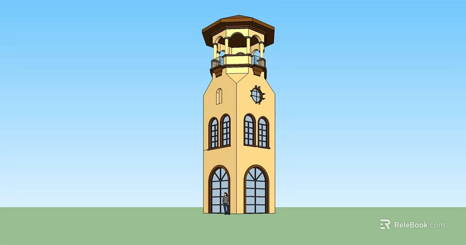 Yellow Tower With Arched Windows Brown Roof Balcony And Person Standing At Base 3d model 