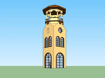 Yellow Tower With Arched Windows Brown Roof Balcony And Person Standing At Base 3d model