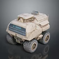 Sand Colored Military Off Road Vehicle With Large Tires And Roof Mounted Equipment