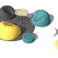Colorful Bean Bag Chairs With Small Round Table And Stools On Patterned Rug 3d model