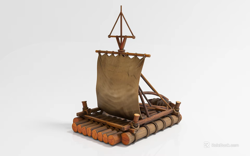 Traditional Handmade Sailing Boat Model With Canvas Sail And Log Raft Structure 3d model 