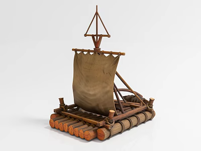 Traditional Handmade Sailing Boat Model With Canvas Sail And Log Raft Structure 3d model