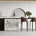 Modern Bar Counter With Marble Top Two Brown Bar Stools And Arched Wall