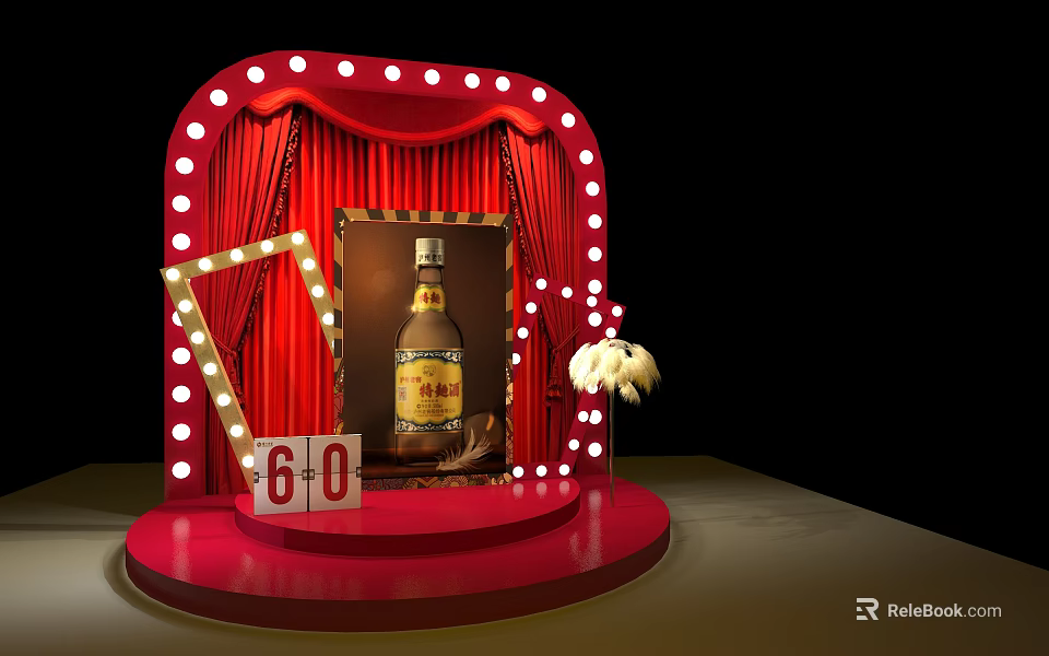 Red Stage Display With Lighted Curtain Liquor Bottle Number 60 And White Feather Decoration 3d model 