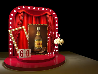 Red Stage Display With Lighted Curtain Liquor Bottle Number 60 And White Feather Decoration 3d model