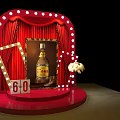 Red Stage Display With Lighted Curtain Liquor Bottle Number 60 And White Feather Decoration