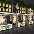 Row of Traditional Chinese Stalls With Wooden Frames Yellow Lanterns and Green Trees