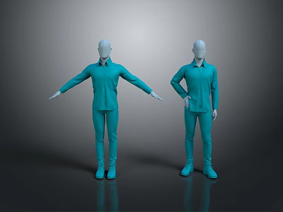 Two Mannequins Displaying Blue Long Sleeved Uniform Suits With Full Length Trousers 3d model