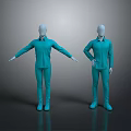 Two Mannequins Displaying Blue Long Sleeved Uniform Suits With Full Length Trousers