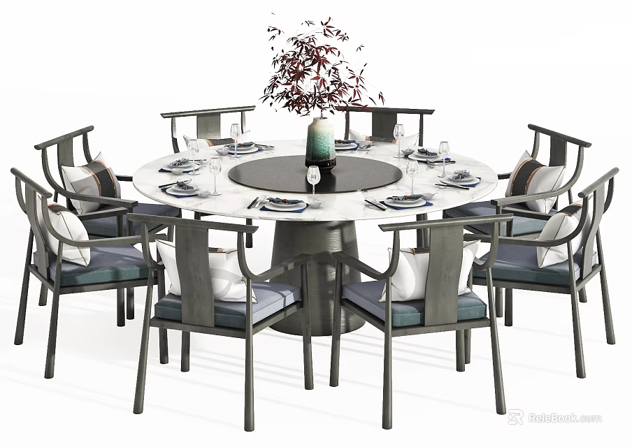 Chinese Style Round Dining Table Set with Eight Chairs Vase and Tableware 3d model