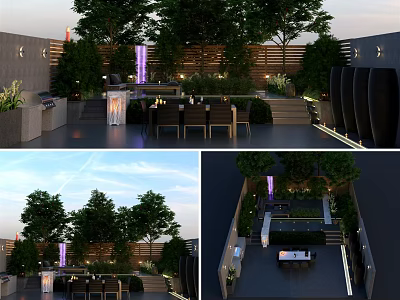 Modern Garden Landscape With Outdoor Dining Area Trees Lighting And Decorative Plants 3d model