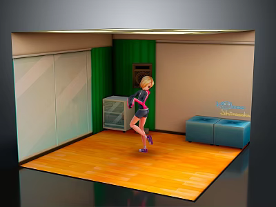 Cartoon Scene With Dancing Girl Green Curtains Wooden Floor Lockers And Blue Sofas 3d model