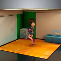 Cartoon Scene With Dancing Girl Green Curtains Wooden Floor Lockers And Blue Sofas