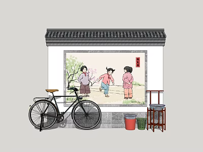 Traditional Scenic Wall with Children Playing Bicycle and Daily Items 3d model