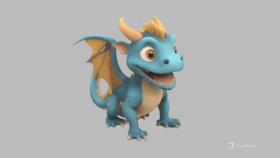 Cute Blue Cartoon Dragon With Yellow Horns And Wings 3d model 