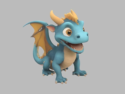Cute Blue Cartoon Dragon With Yellow Horns And Wings 3d model